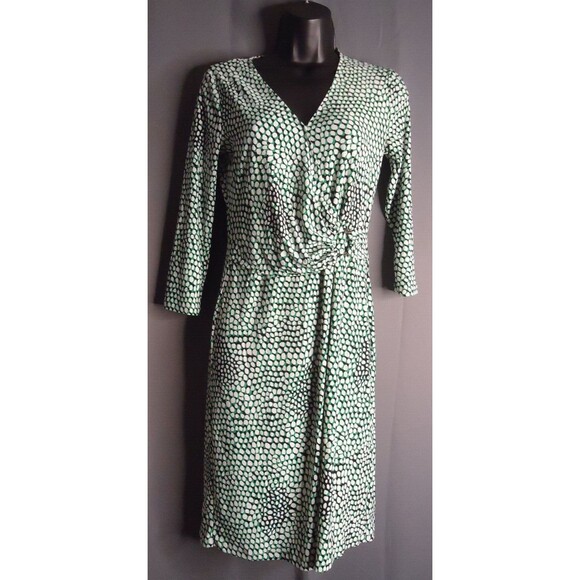 Roz & Ali Faux Wrap Sheath Dress Green White Polka Dot Stretch Womens Size XS - Picture 2 of 13
